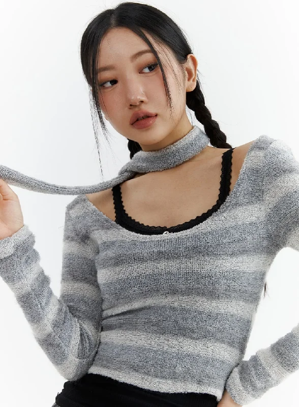 Striped U-Neck Crop Top with Scarf CJ424