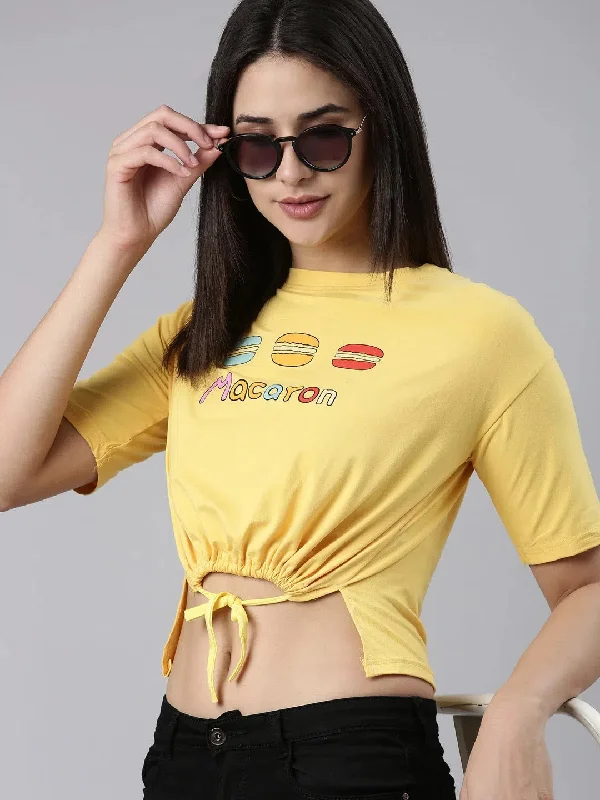 Round Neck Printed Yellow Cinched Waist Crop Top-TG-1201-Yellow