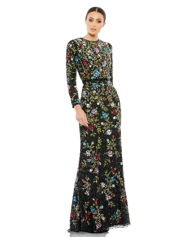 Mac Duggal 5556 Long Sleeve Floral Sequin Formal Dress