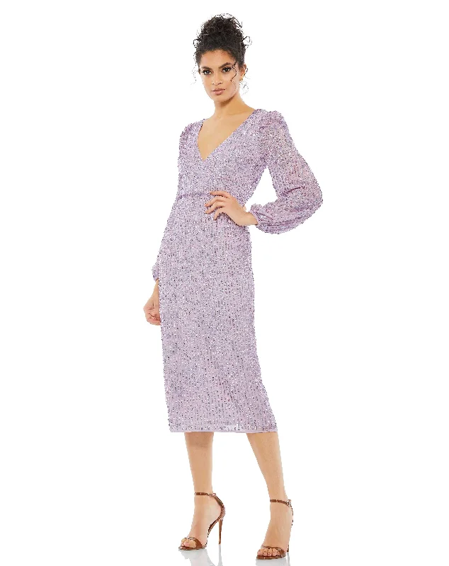 Mac Duggal 107641 Cocktail Long Sleeve Sequin Midi Dress