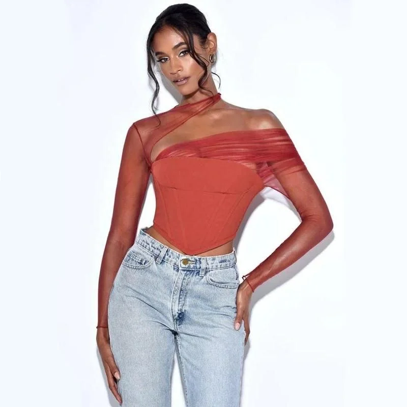 Sheer Mesh Sleeve Strapless Backless Sexy Crop Top