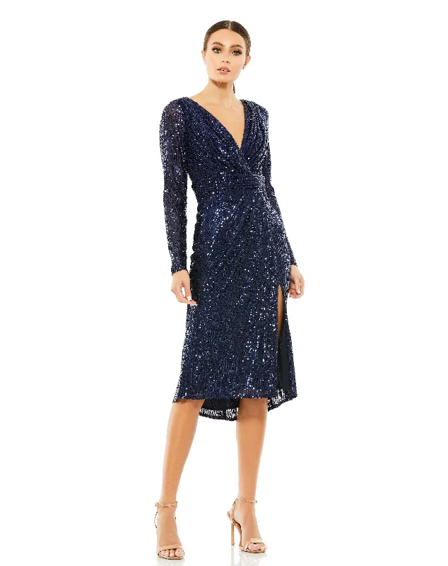 Mac Duggal A26555 Sequins Long Sleeve Cocktail Midi Dress