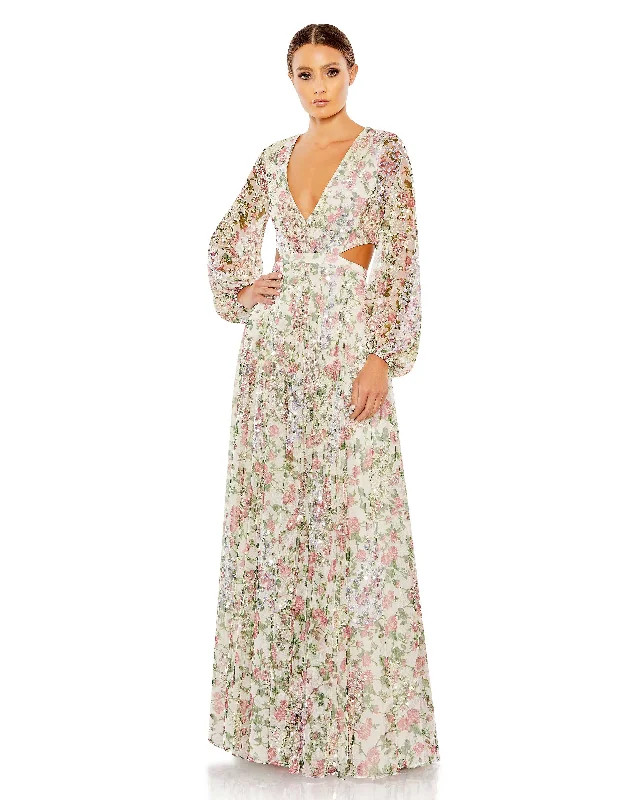 Mac Duggal A93746 Floral Print Long Sleeve Formal Dress