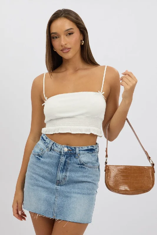 White Crop Cami Top Shirred Waist