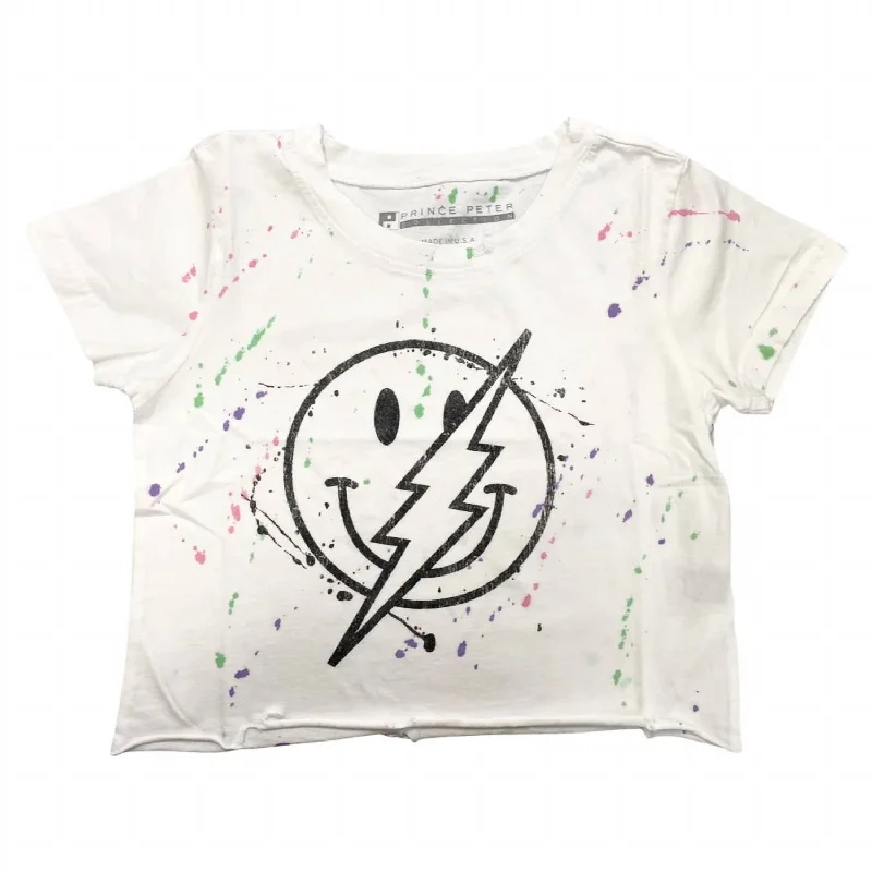 Women's Smiley Bolt Splatter Cropped Tee In White