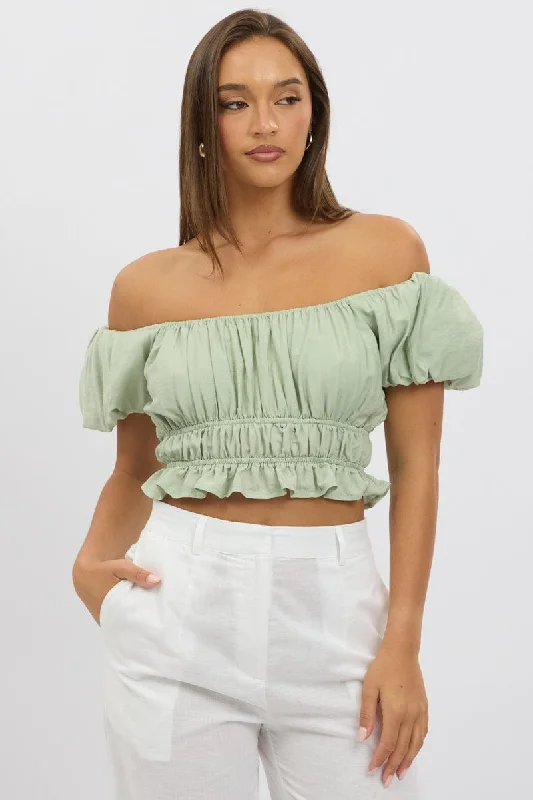 Green Ruffle Crop Top Puff Sleeve