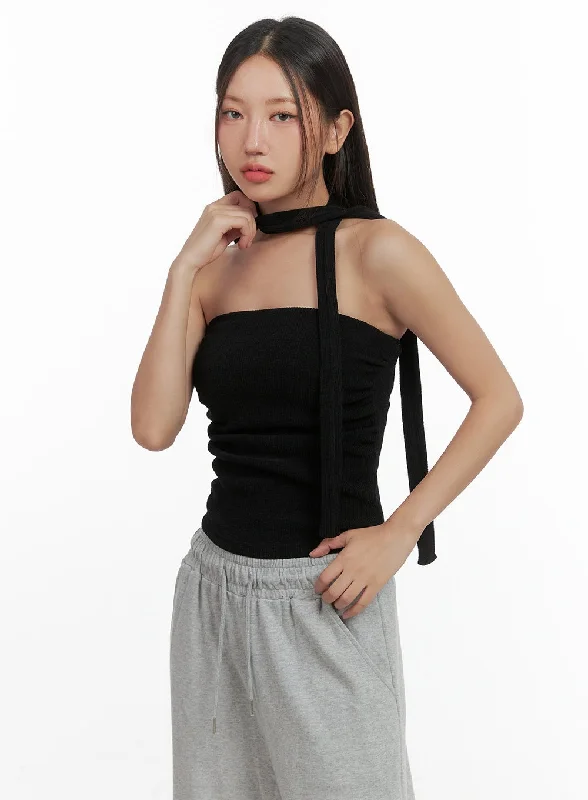 Shirred Solid Tube Crop Top and Scarf Set CO404