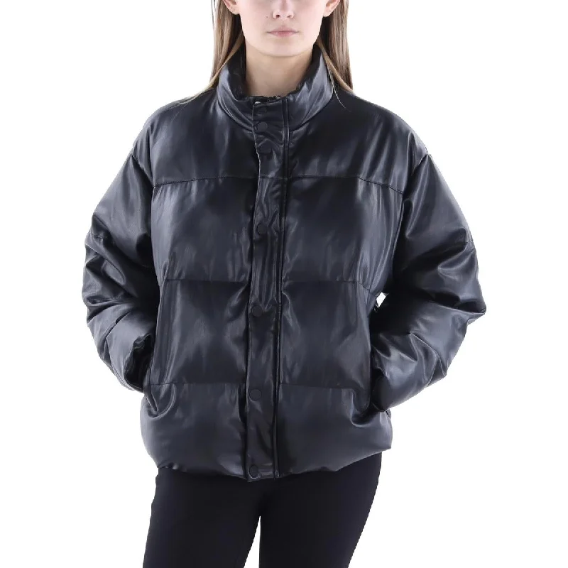 Womens Faux Leather Mock Neck Puffer Jacket