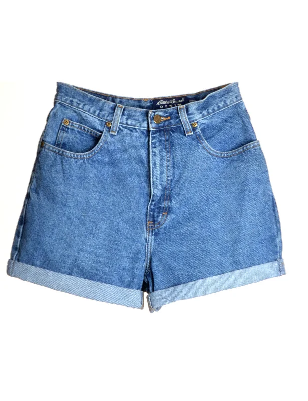 Label Rolled Hem Stone Wash Denim Shorts