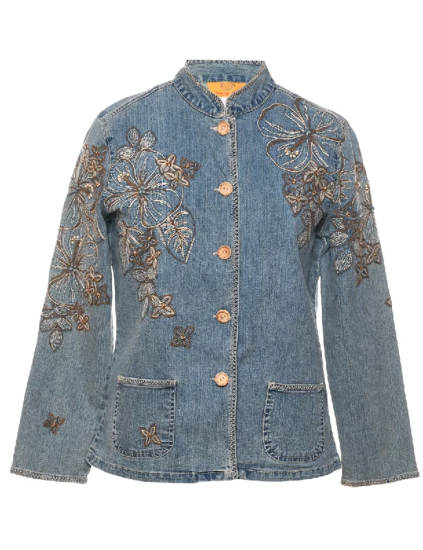 Light Wash 1990s Embroidered Leafy Design Denim Jacket - M