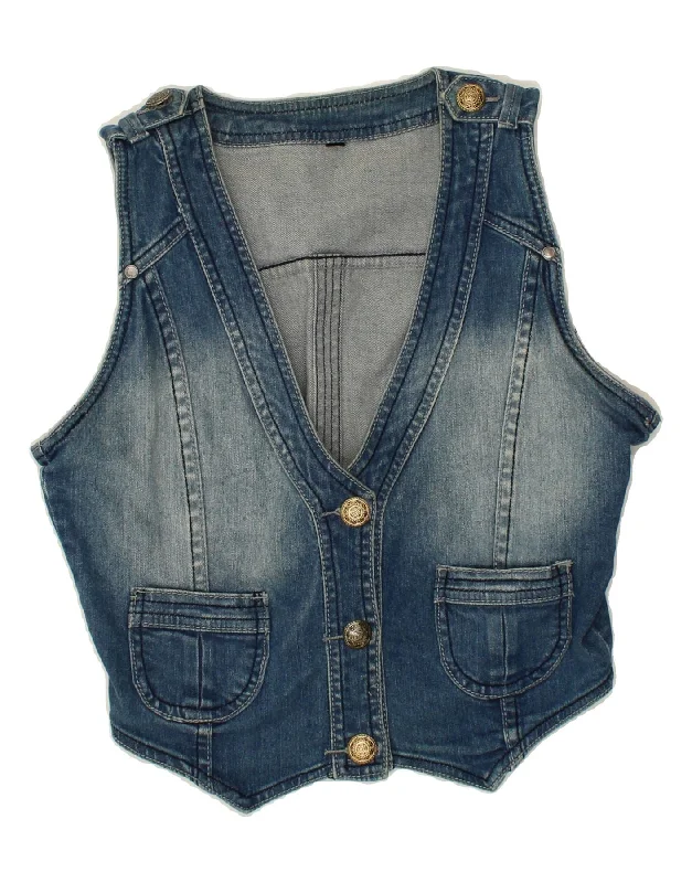 VINTAGE Womens Crop Denim Gilet UK 12 Medium Blue