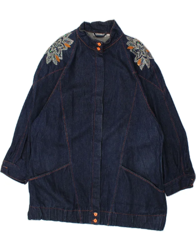 VINTAGE Womens Denim Coat IT 48 XL Navy Blue Floral Cotton