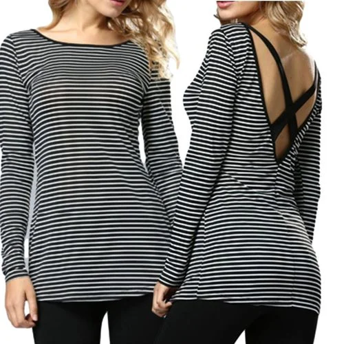 Back Cross-striped Top Spring SlimMed Down  Women T Shirts