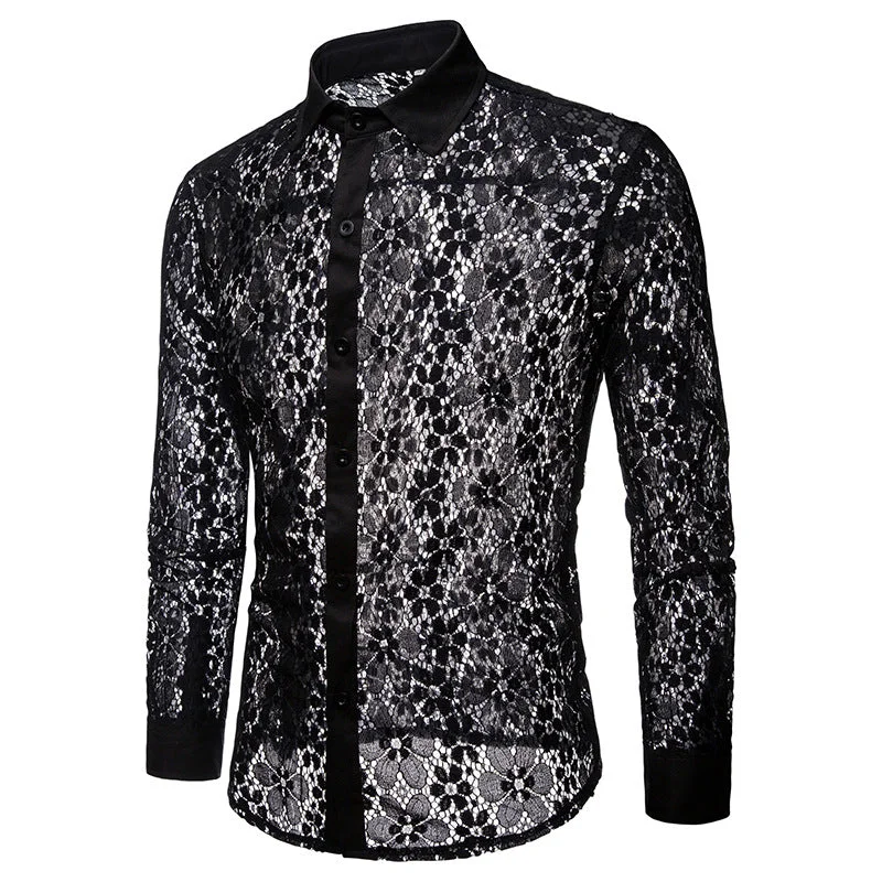 Floral Pattern Lace Lapel Men’s Shirt