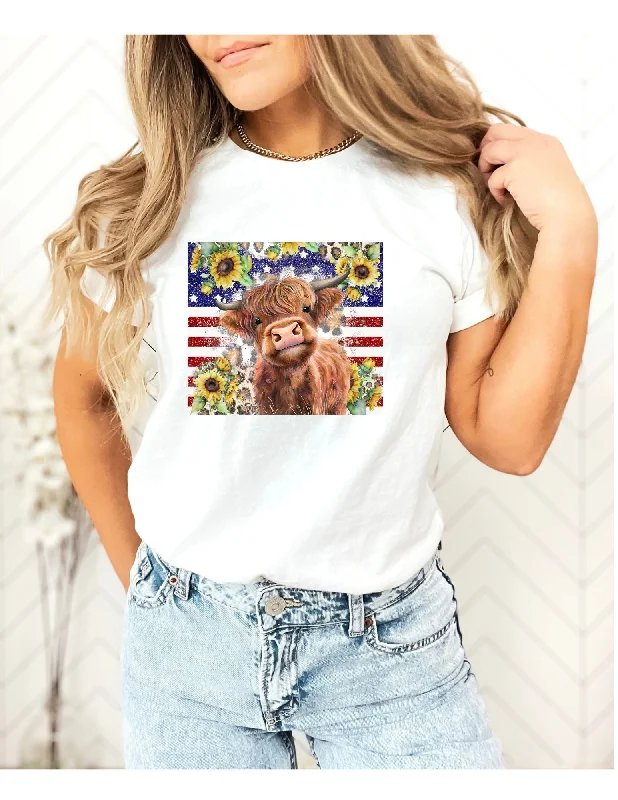 Highland Cow flag with sunflowers T shirt