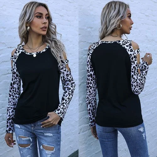 Leopard Print Off-the-shoulder Hollow Top Womens Round Neck Bottoming T Shirt