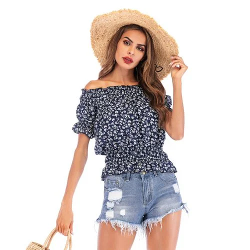 Off-shoulder Sexy Off Shoulder Foam Sleeve Top Floral Waist   Women Chiffon Shirt Blouses