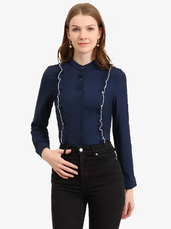 Women's Ruffle Front Shirts Long Sleeve Stand Collar Button Down Fitted Work Office Tops