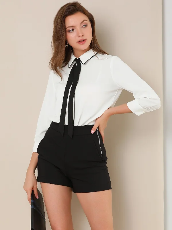 Elegant Contrast Collar 3/4 Sleeve Button Up Tie Neck Shirt