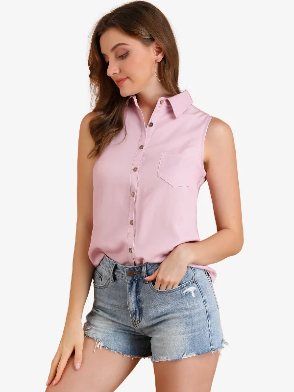 Denim Collar Button Down Casual Office Sleeveless Shirt