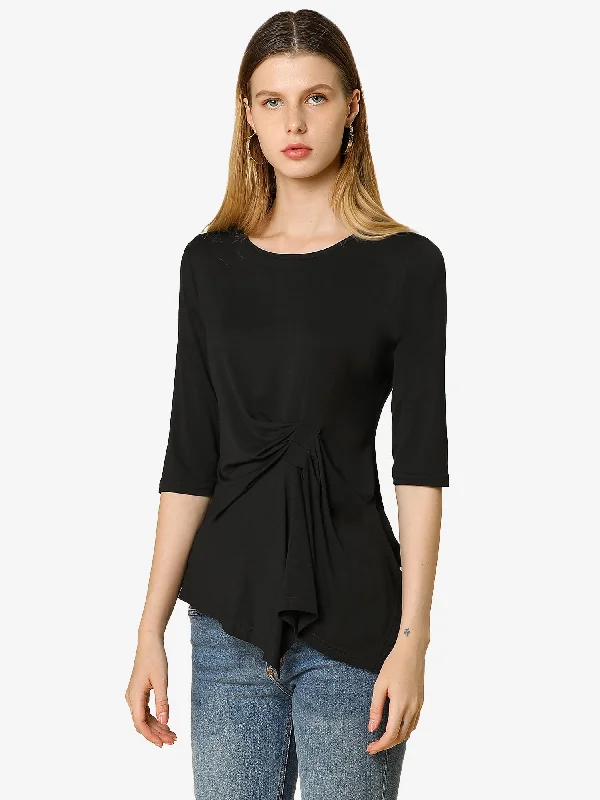 Asymmetrical Ruched Top Round Neck Half Sleeve Blouse Shirt