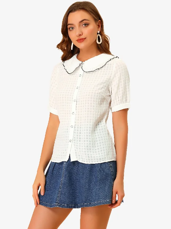 Peter Pan Collar Contrast Color Trim Gingham Button Up Blouse Shirt