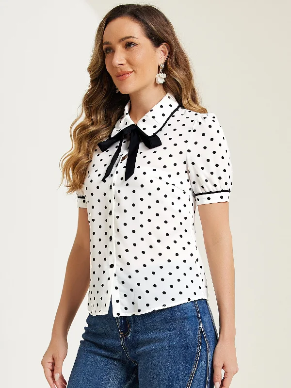 Polka Dot Peter Pan Collar Bow Tie Neck Puff Sleeve Vintage Shirt