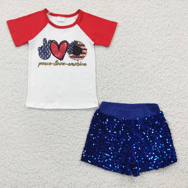 4th of July T-shirts blue sequin shorts set GSSO0283