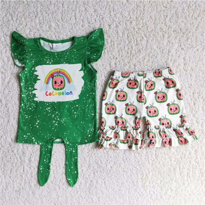 Cartoon Green T-shirt Ruffle shorts Set D12-4