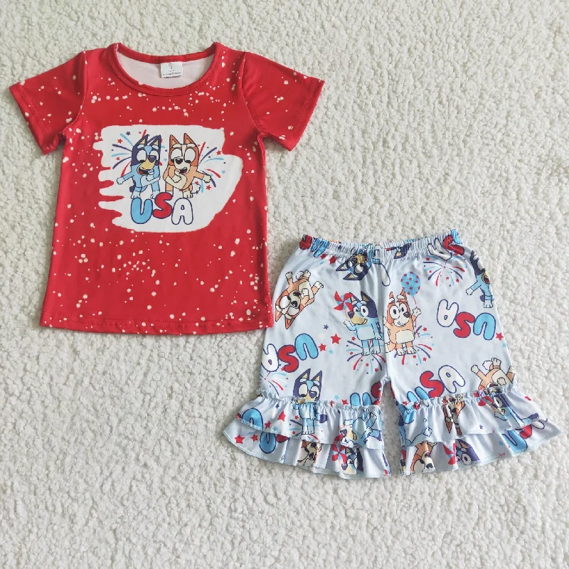 cartoon July of 4th red T-shirt ruffle shorts set GSSO0053