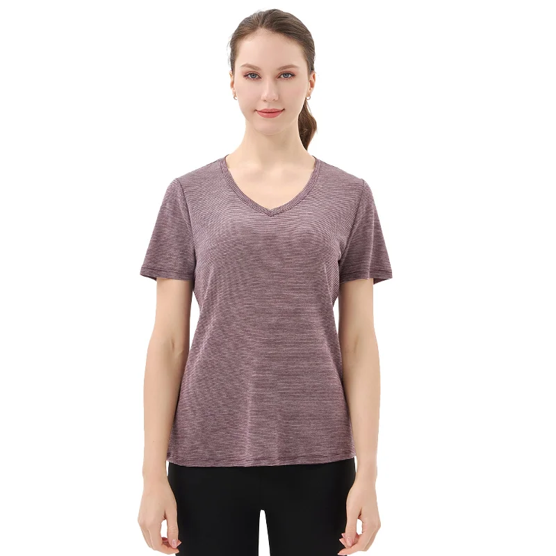 Women's Merino 200g Short Sleeve T-Shirt Fig Grey Stripes