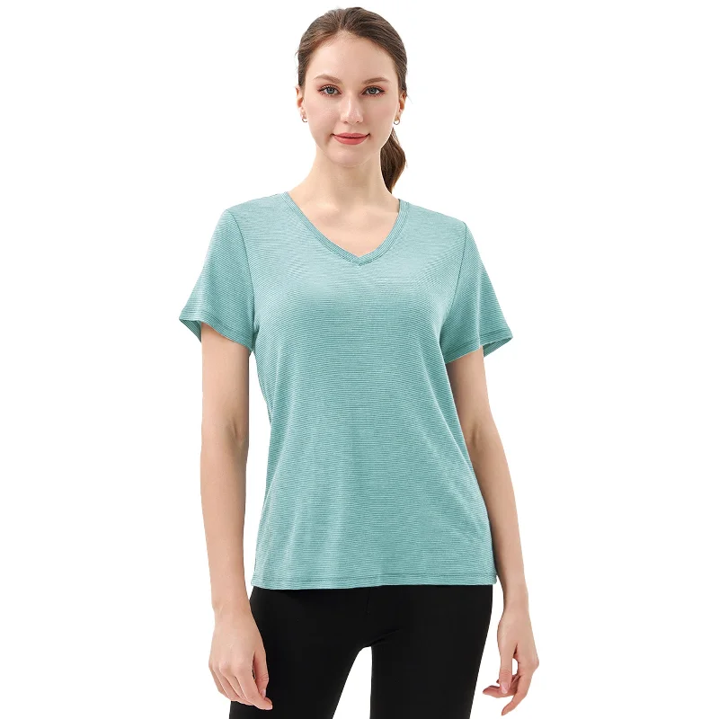 Women's Merino 200g V-Neck Short Sleeve T-Shirt Dusty Teal Stripes