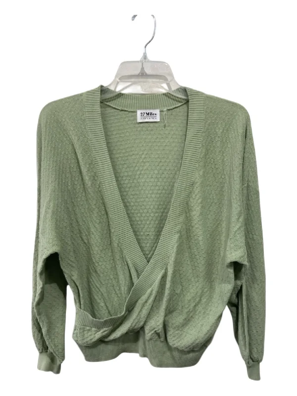 27 Miles Size M Light Green Cotton Surplice Perforated Long Sleeve Thin Knit Top