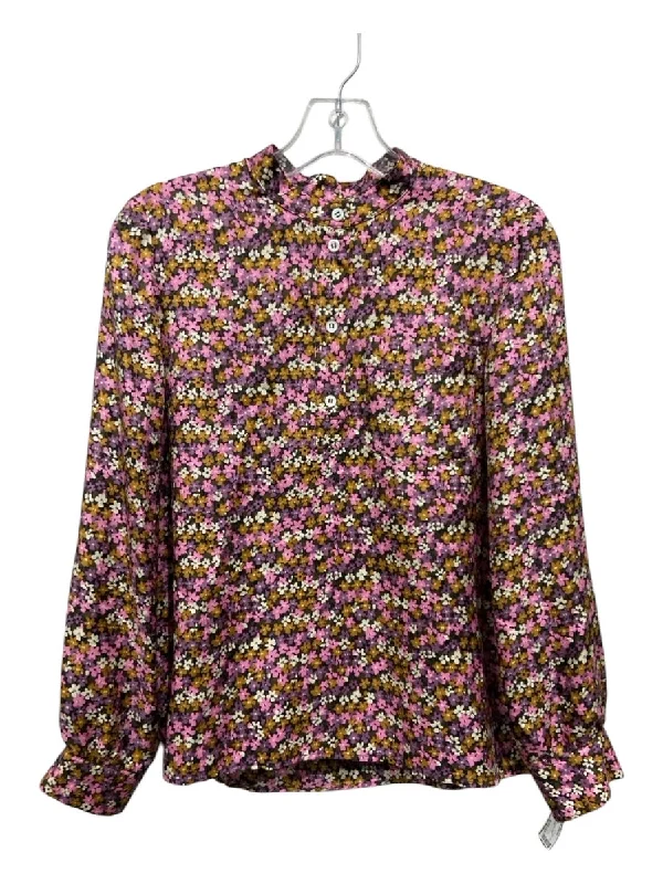 A.P.C Size 38 Purple & Yellow Print Silk Floral Half Button Long Sleeve Top