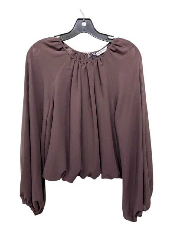 Amanda Uprichard Size S Brown Polyester Round Neck Long Sleeve Bubble Hem Top