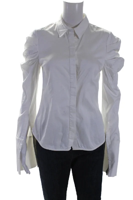 AMUR Womens Cotton White Puff Long Sleeve Button Down Blouse Top