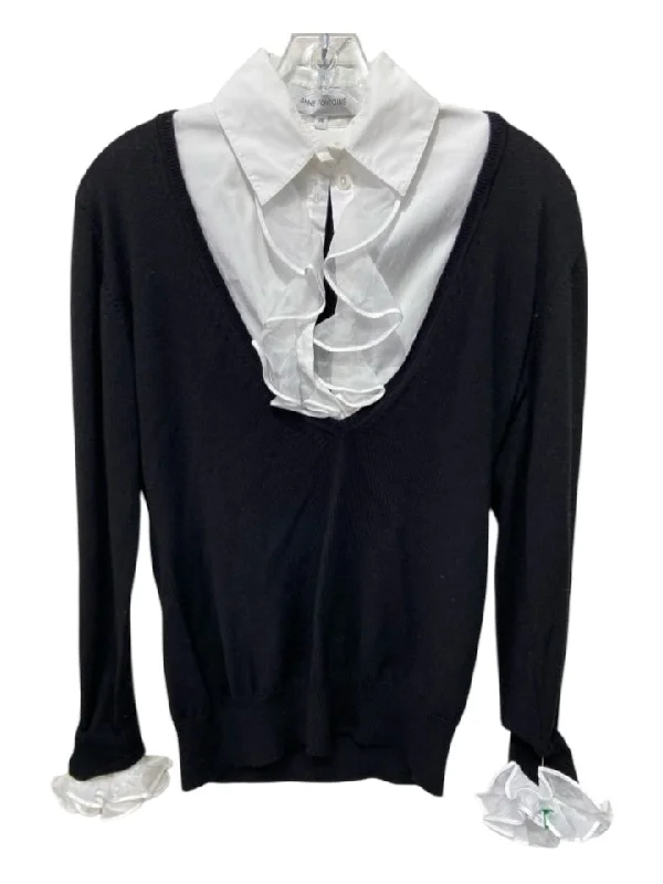 Anne Fontaine Size 38 Black & White Pima Cotton Half Button Long Sleeve Top