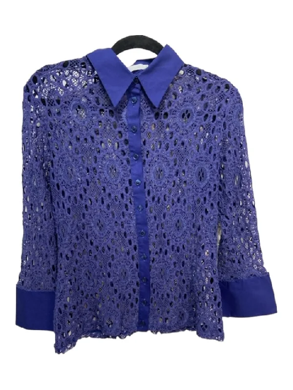 Anne Fontaine Size 42 Blue Polyamide Collared Button Up Long Sleeve Crochet Top