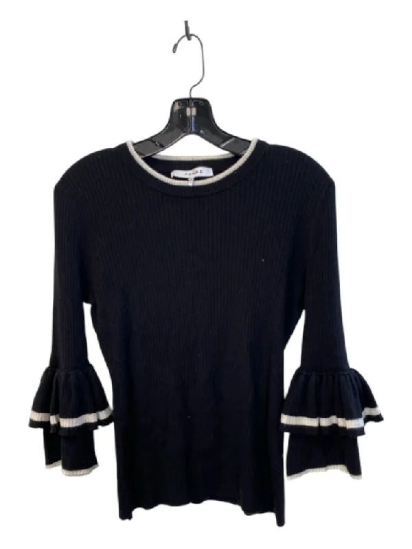 Frame Size M Black & White Wool Blend Round Neck Long Sleeve Ruffle Cuff Top