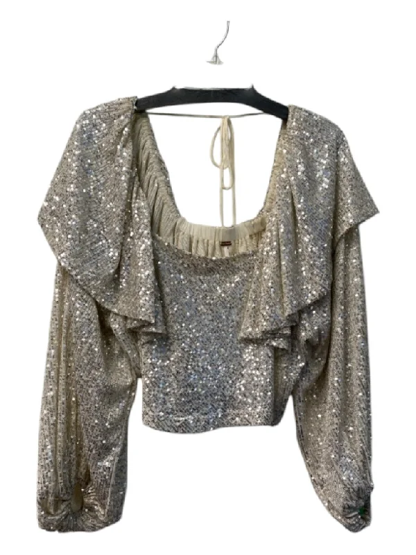 Free People Size XS Silver Polyester Sequins Long Sleeve Off Shoulder Top