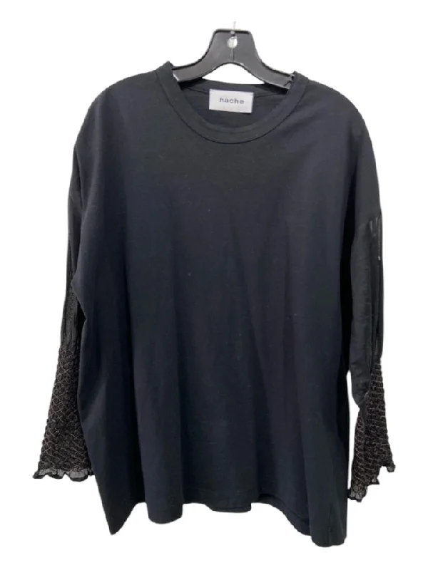 Hache Size 42 Black Cotton Crew Neck Long Sleeve Smocked Top