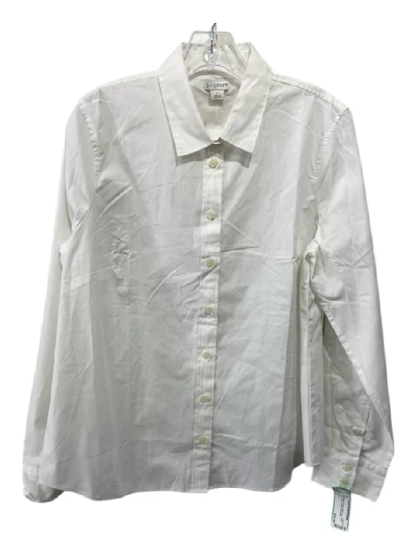 J Crew Size L White Cotton Button Up Collar Long Sleeve Darted Top