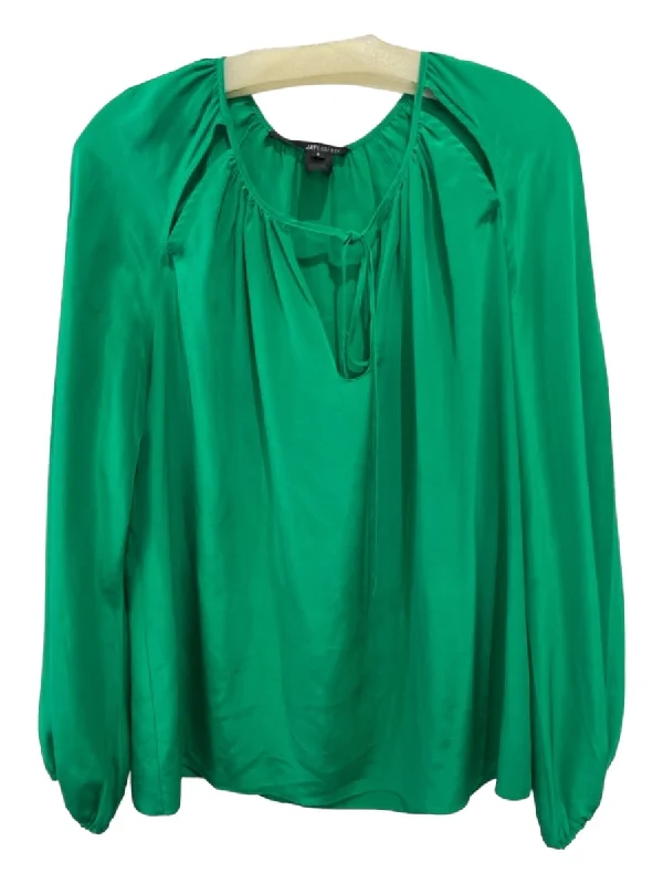 Jay Godfrey Size 6 Green Silk Long Sleeve Cut Outs Front Tie Top