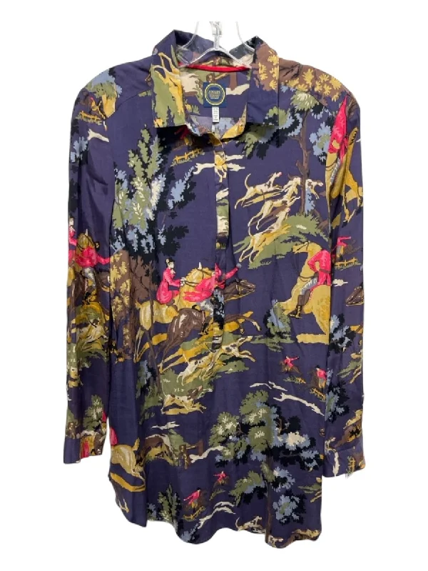 Joules Size 6 Purple Print Viscose Floral Button Up Long Sleeve Collar Top