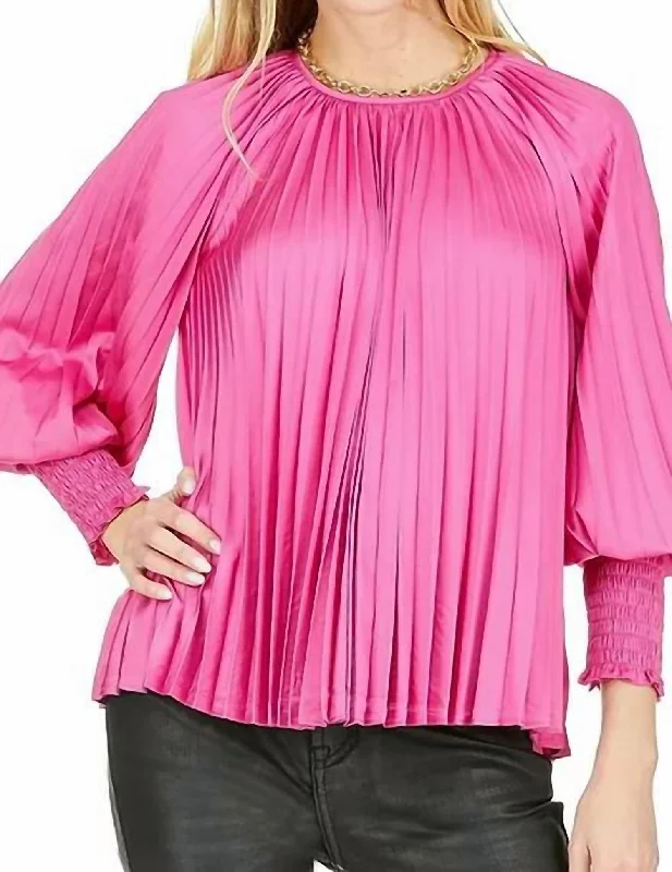 Long Sleeve Pleated Blouse In Cerise