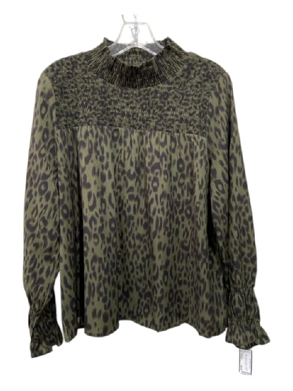 Lydia Lavin Size Medium Green Polyester Long Sleeve Animal Print Smocked Top