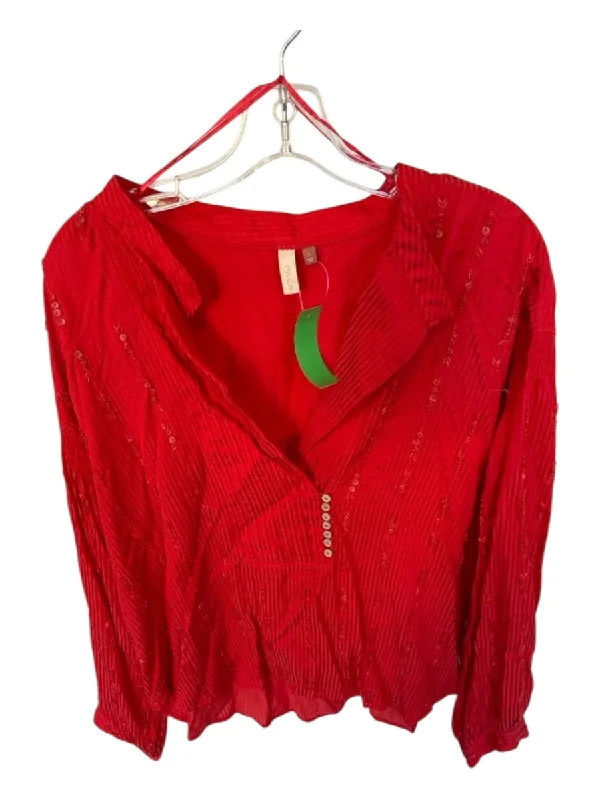 Pilcro Size L Red Viscose Blend Long Sleeve Beaded Top