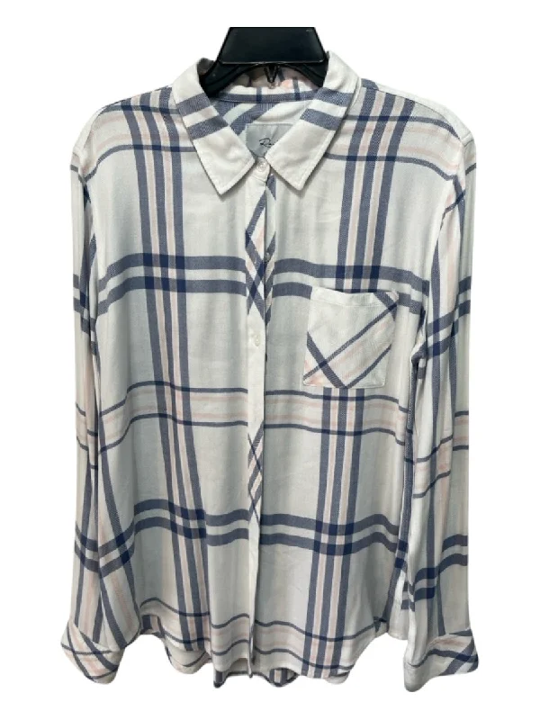 Rails Size L White, Blue & Pink Rayon Plaid Button Up Long Sleeve Collar Top