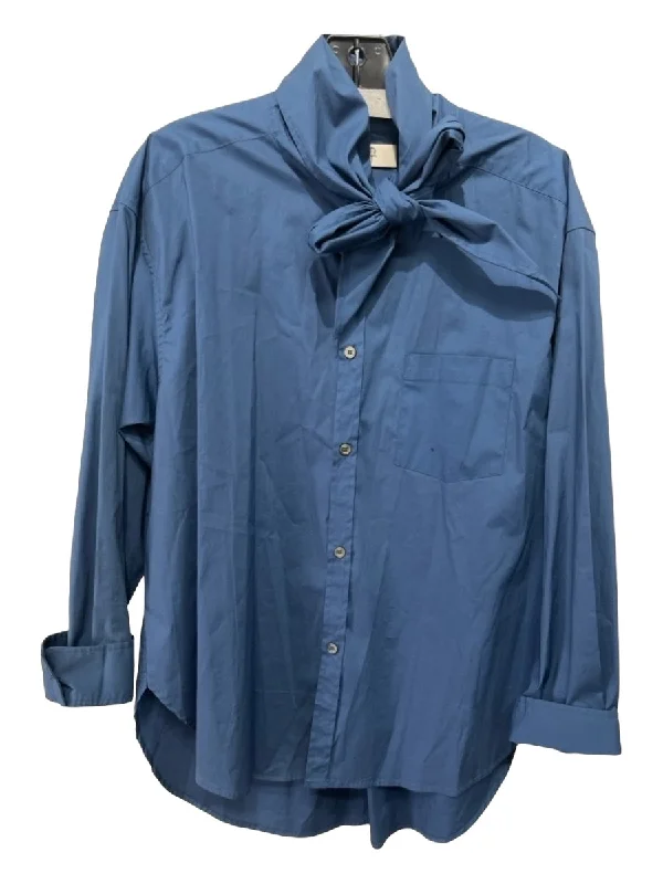 Sea New York Size 6 Blue Cotton Tie Neck Button Front Long Sleeve Top