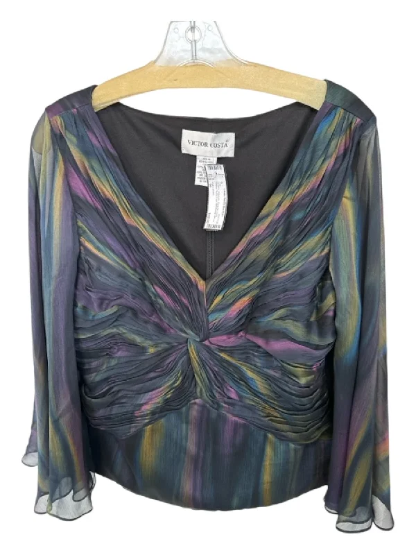 Victor Costa Size 14 Oil Slick Polyester Back Zip Long Sleeve Ruffle Front Top